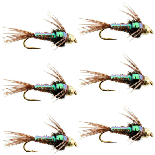 Bead Head Flash Back Pheasant Tail Nymph Fly Fishing Flies - 6 Flies Hook Size 16 - Skoutley Outdoors LLC