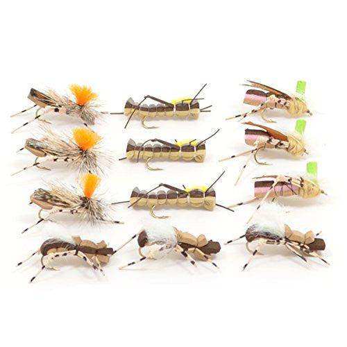 Trout Fly Assortment - Foam Body High Visibility Grasshopper Dry Fly Collection - 1 Dozen Flies - Hook Size 10 - Skoutley Outdoors LLC