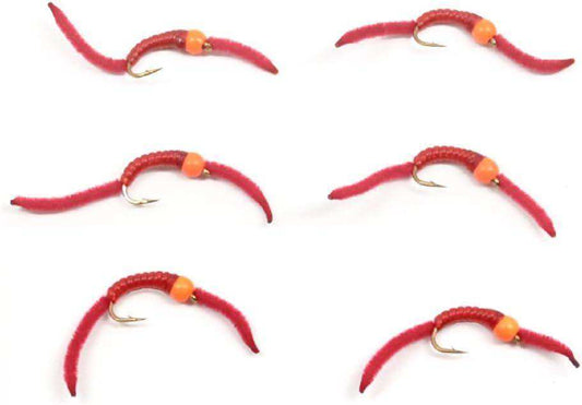 San Juan Worm Hot Orange Bead Power Worm Red V-Rib - Set of 6 Nymph Flies Hook Size 14 - Skoutley Outdoors LLC