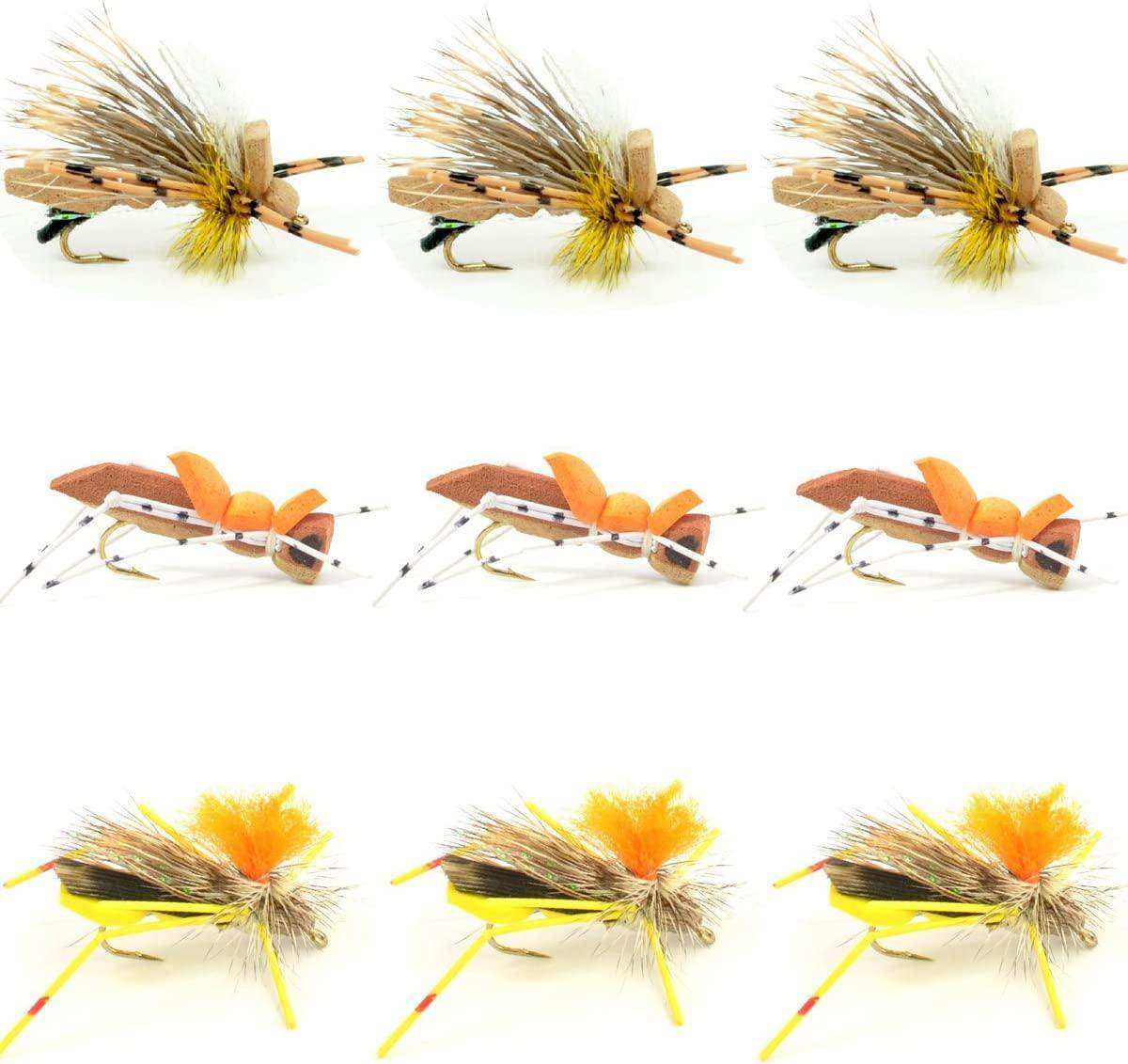 Grasshopper Trout Flies Fishing Flies Assortment Dropper Hopper Foam Body - 9 Flies 3 Patterns Hook Size 10 - Skoutley Outdoors LLC