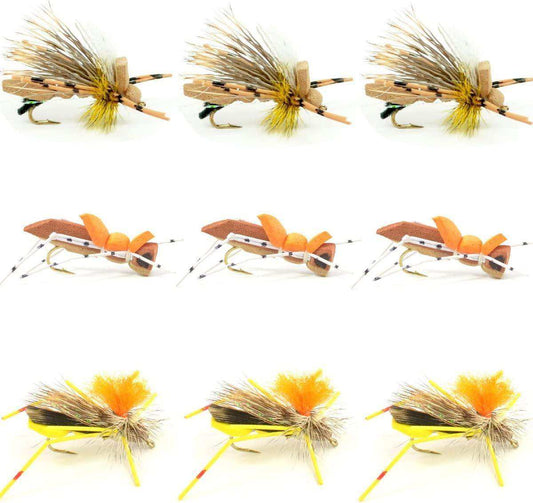 Grasshopper Trout Flies Fishing Flies Assortment Dropper Hopper Foam Body - 9 Flies 3 Patterns Hook Size 10 - Skoutley Outdoors LLC