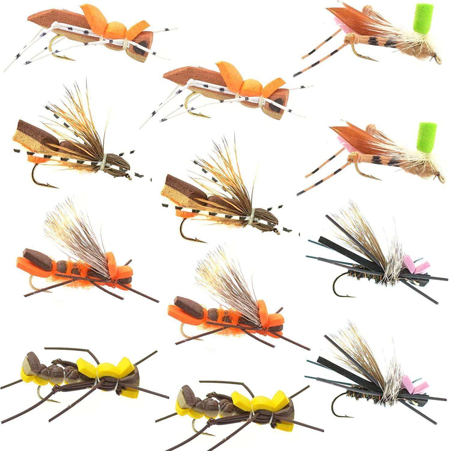 The Fly Fishing Place Foam Hopper Fly Fishing Flies Assortment - 12 Flies - 2 Each of 6 Grasshopper Dropper Hoppers Patterns with Fly Box - Skoutley Outdoors LLC