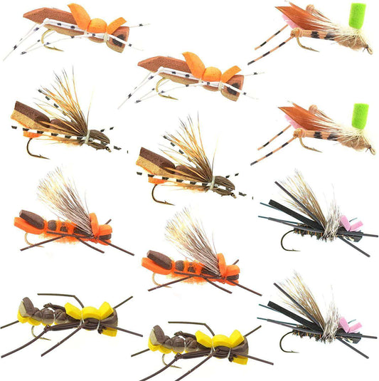 The Fly Fishing Place Foam Hopper Fly Fishing Flies Assortment - 12 Flies - 2 Each of 6 Grasshopper Dropper Hoppers Patterns with Fly Box - Skoutley Outdoors LLC