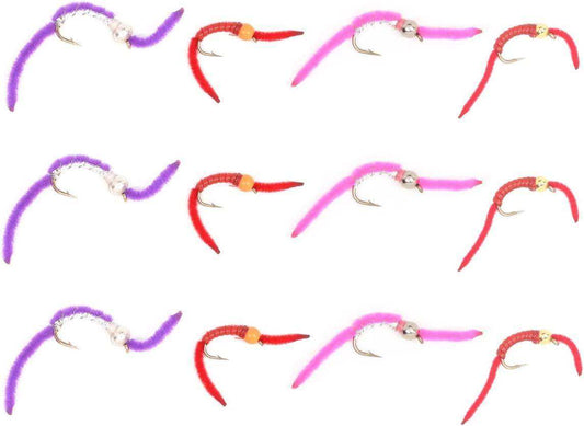 Trout Fly Assortment - San Juan Worm Power Bead Wet Nymph Fly Fishing Flies - 1 Dozen Hook Size 10 - 3 Each of 4 Patterns - Skoutley Outdoors LLC