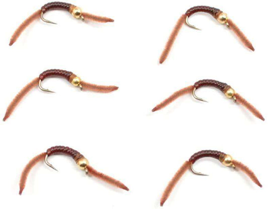 San Juan Bead Head Power Worm Brown V-Rib - 6 Flies Hook Size 14 - Skoutley Outdoors LLC