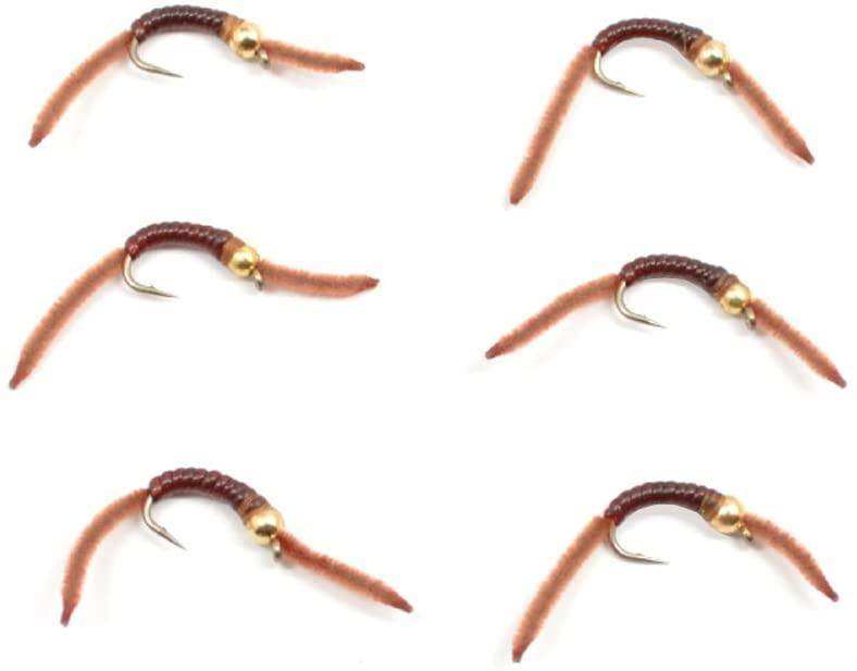 San Juan Bead Head Power Worm Brown V-Rib - 6 Flies Hook Size 10 - Skoutley Outdoors LLC