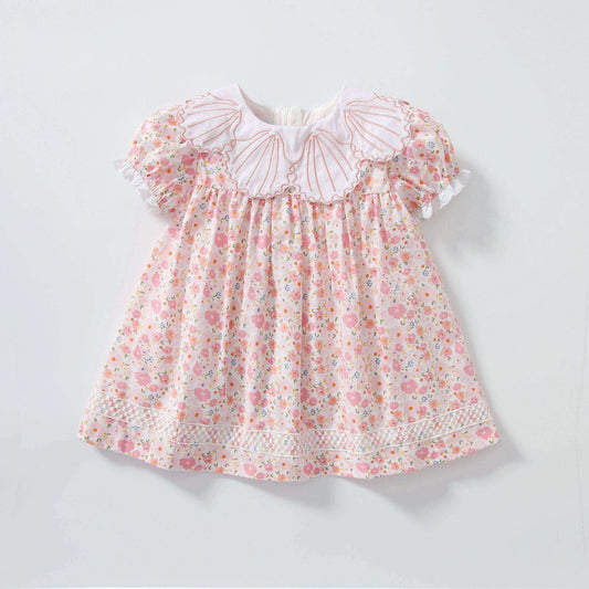 Baby Girl Short-Sleeved Floral Print Shell Shape Collar Pattern A Version Dress - Skoutley Outdoors LLC