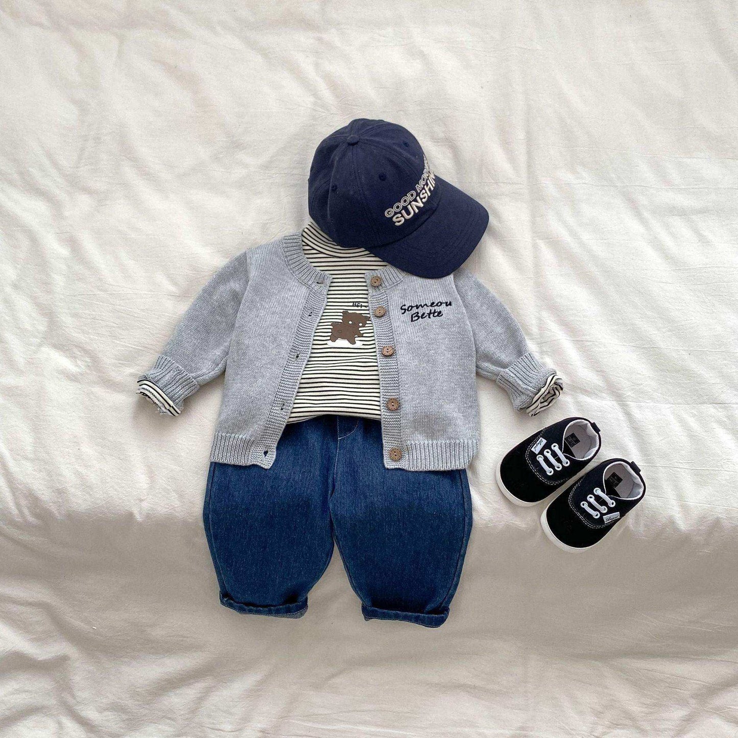 Autumn Baby Kids Boys Letters Embroidery Pattern Knitted Crew Neck Cardigan (Solo), Denim Pants and Striped Shirts - Skoutley Outdoors LLC