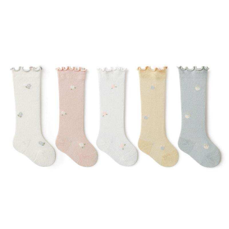 Baby Girl Solid Color Floral Embroidered Pattern Breathable Knee Socks - Skoutley Outdoors LLC