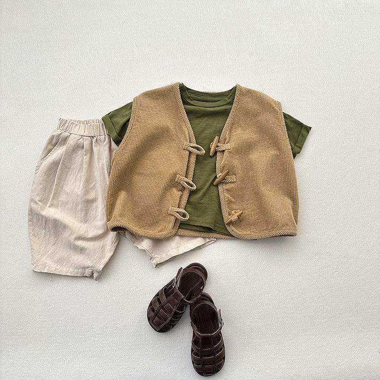 Children’s Waistcoat Japanese Corduroy Tone Sleeveless Vest Spring And Autumn New Style Retro Wooden Button Corduroy Vest For Boys And Girls - Skoutley Outdoors LLC