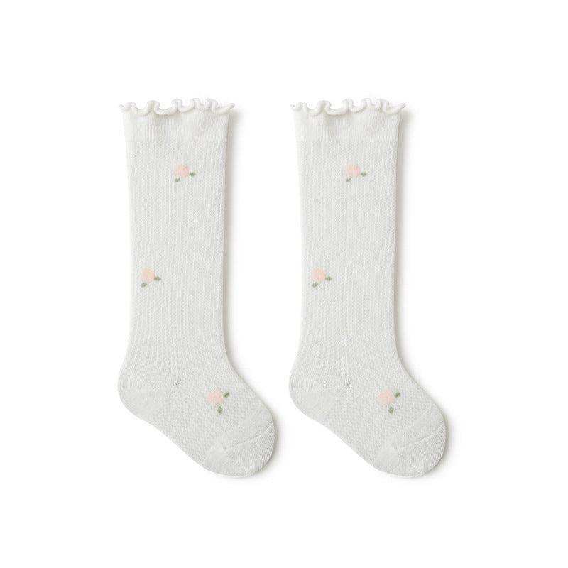 Baby Girl Solid Color Floral Embroidered Pattern Breathable Knee Socks - Skoutley Outdoors LLC