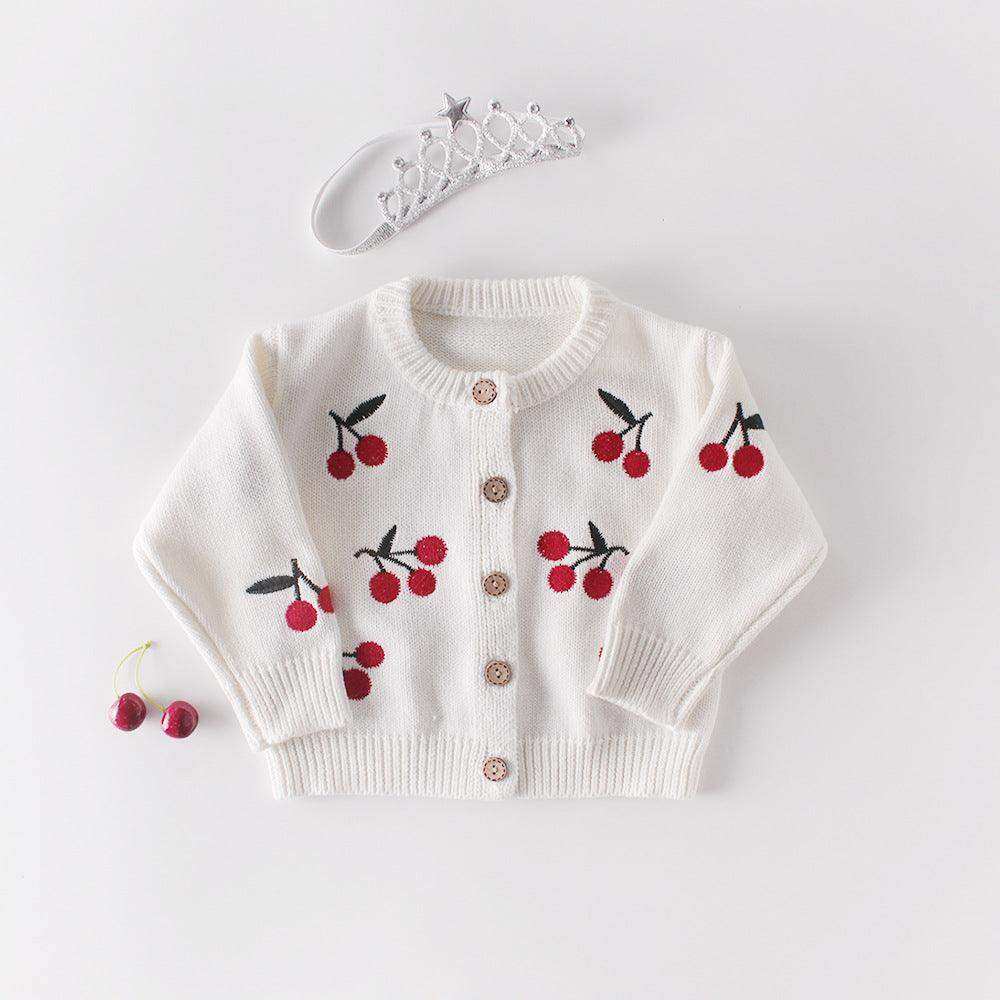 Baby Girl 1pc Cherry Embroidered Graphic Crotch Knitted Bodysuit & Button Front Sweater Coat Sets - Skoutley Outdoors LLC