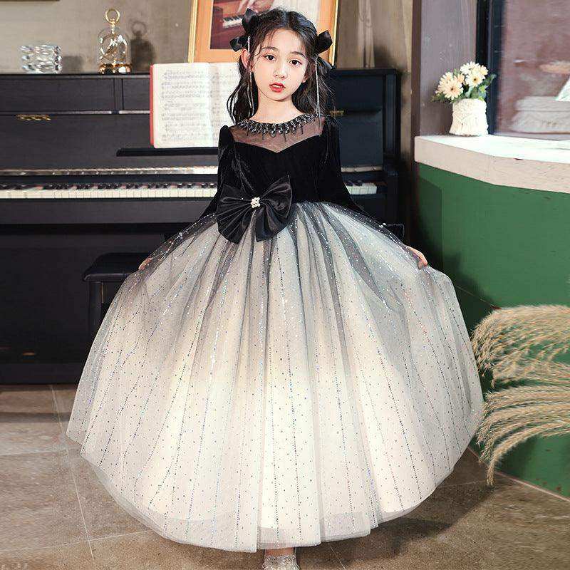 Princess Black Bow Birthday Dress For Girls: Luxurious Long-Sleeved Piano Performance Attire , Perfect For Spring Celebrations - Skoutley Outdoors LLC