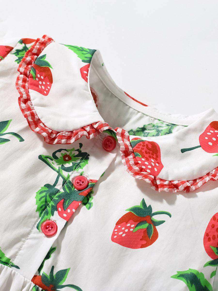 Summer Pure Cotton Strawberry Pattern Short-sleeved Dress with Peter Pan Collar for Stylish Girls - Skoutley Outdoors LLC