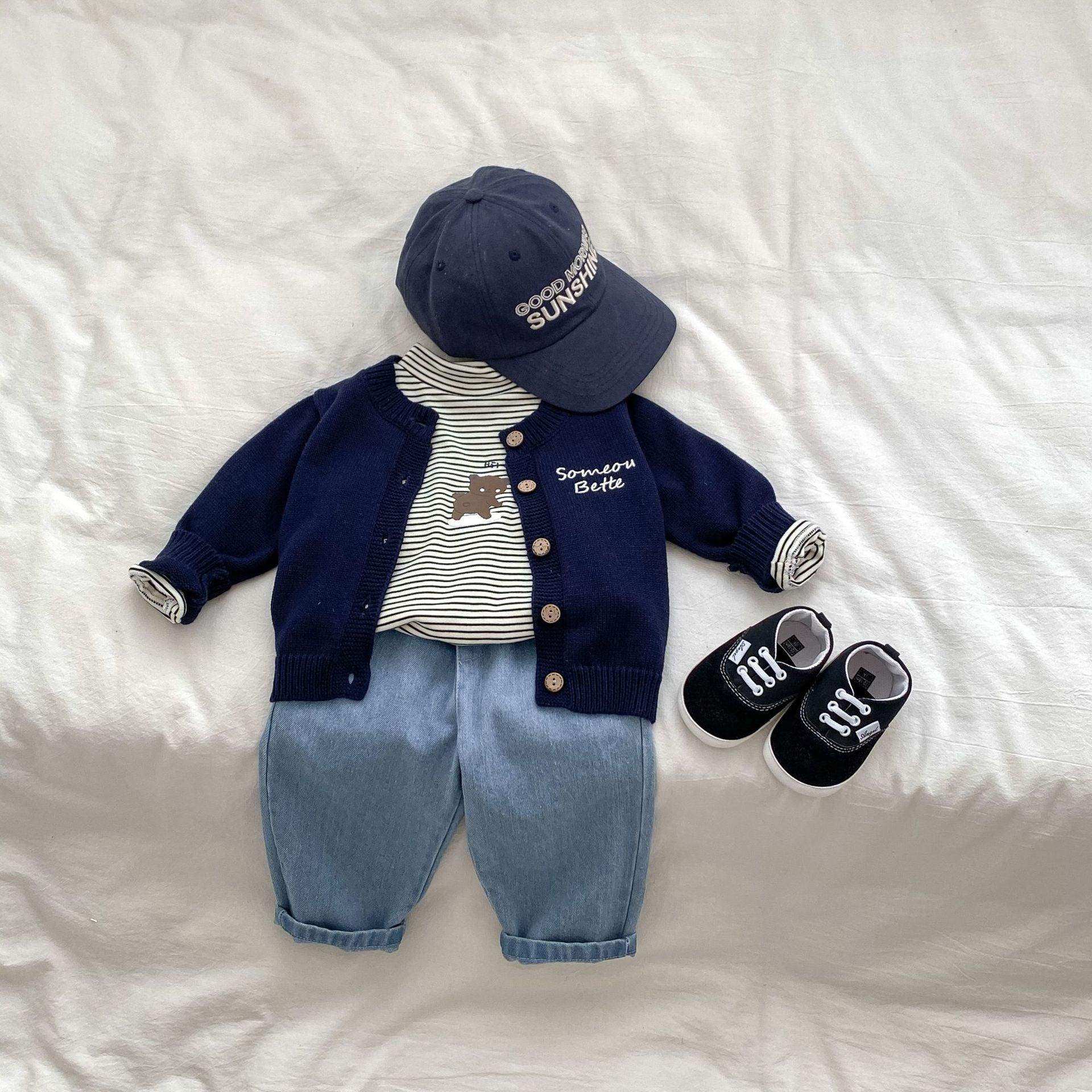 Autumn Baby Kids Boys Letters Embroidery Pattern Knitted Crew Neck Cardigan (Solo), Denim Pants and Striped Shirts - Skoutley Outdoors LLC