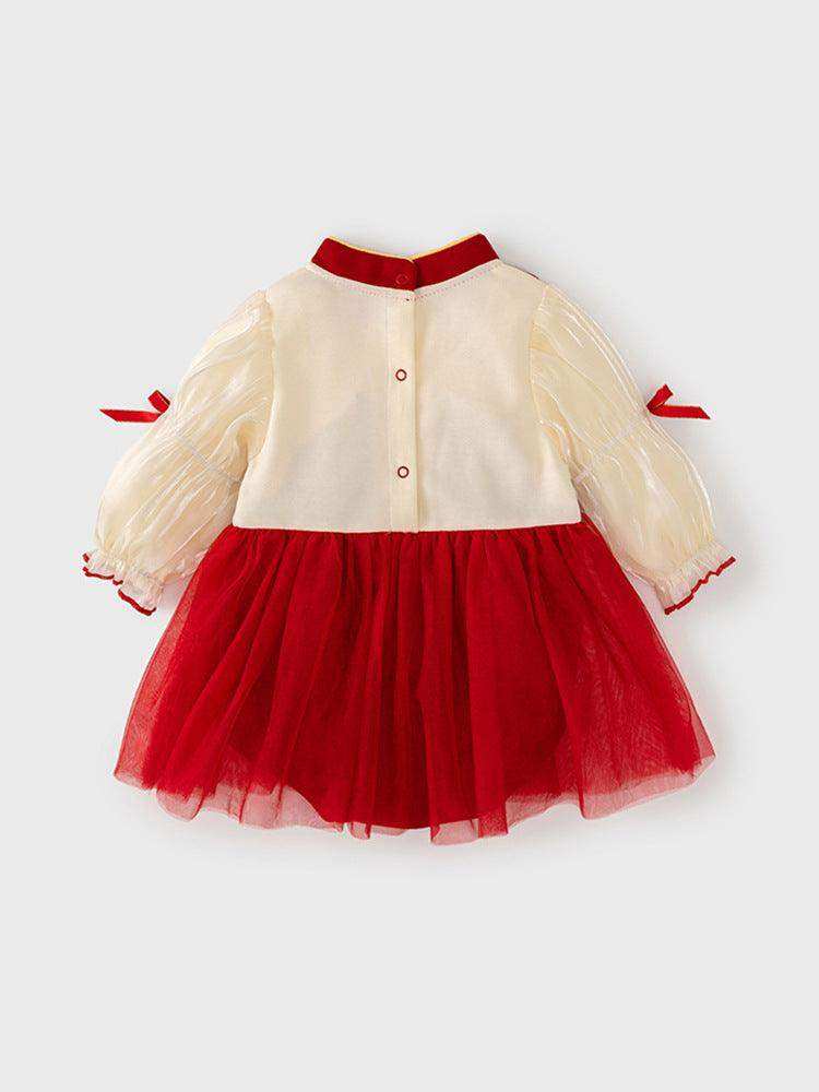 Autumn New Tulle Dress Design Baby Girls Color Patchwork Long Sleeves Onesies with Stand Collar and Butterfly Bows - Skoutley Outdoors LLC