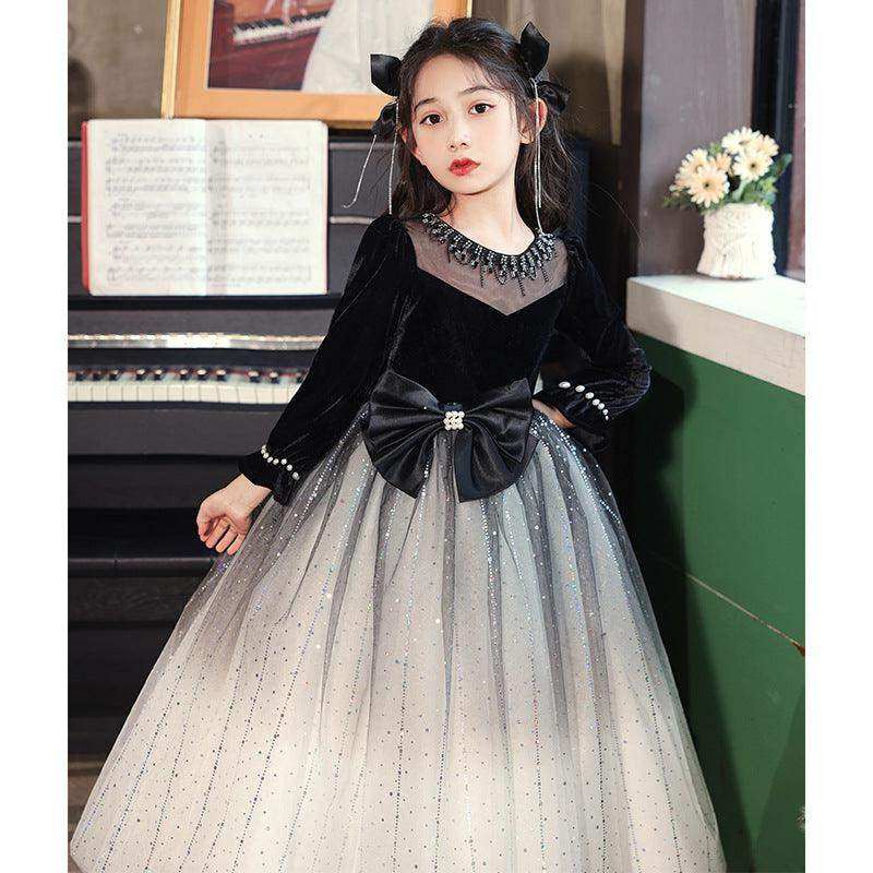 Princess Black Bow Birthday Dress For Girls: Luxurious Long-Sleeved Piano Performance Attire , Perfect For Spring Celebrations - Skoutley Outdoors LLC