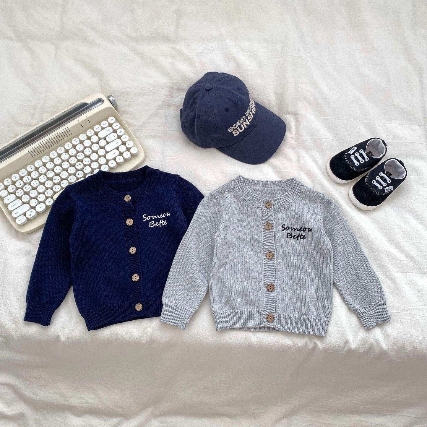 Autumn Baby Kids Boys Letters Embroidery Pattern Knitted Crew Neck Cardigan (Solo), Denim Pants and Striped Shirts - Skoutley Outdoors LLC