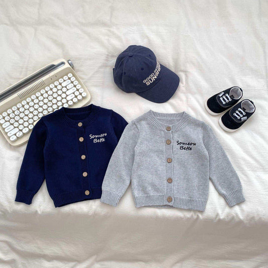 Autumn Baby Kids Boys Letters Embroidery Pattern Knitted Crew Neck Cardigan (Solo), Denim Pants and Striped Shirts - Skoutley Outdoors LLC