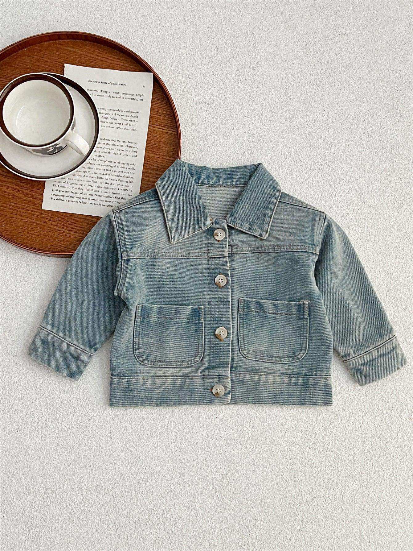 Baby Kids Button Front Design Washed Style Turndown Collar Denim Jacket Coat - Skoutley Outdoors LLC