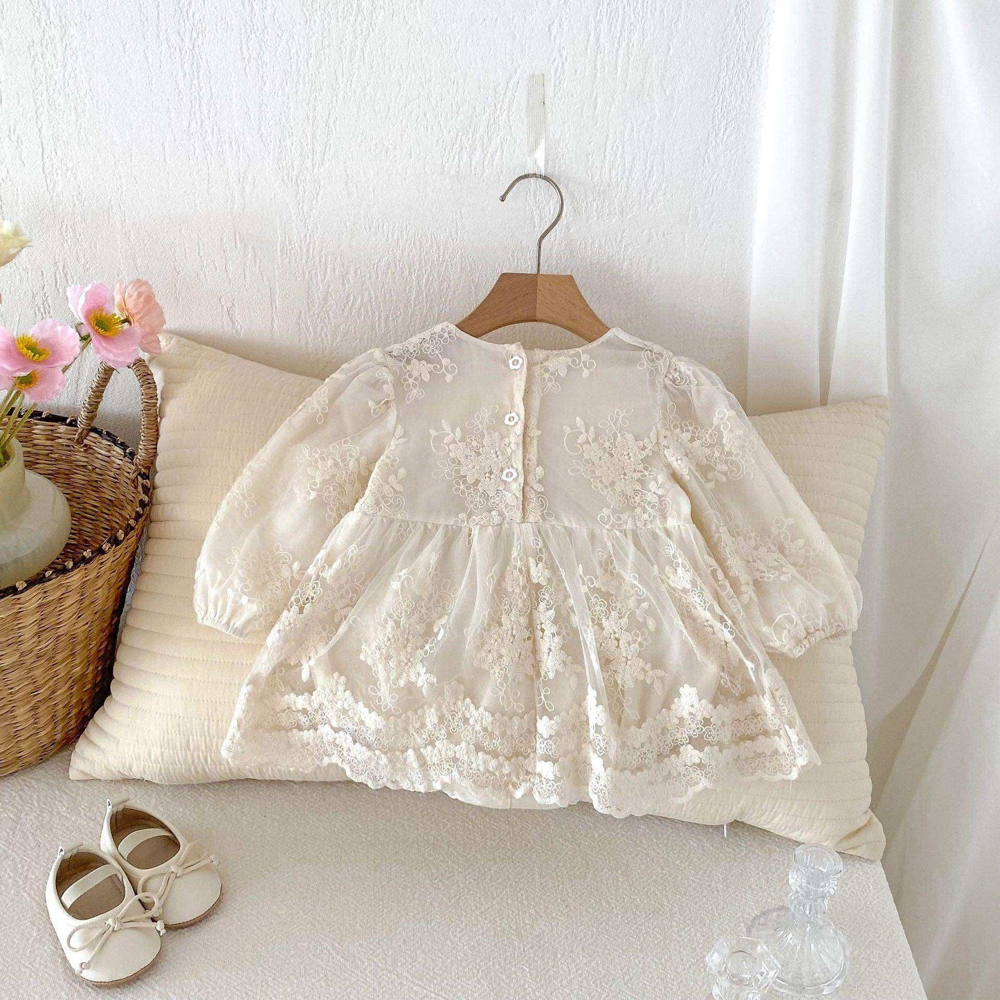 Autumn New Arrival Baby Girls Long Sleeves Floral Embroidery Tulle Onesies Dress with Ruffle Design - Skoutley Outdoors LLC