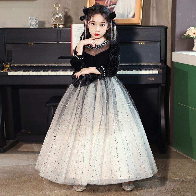 Princess Black Bow Birthday Dress For Girls: Luxurious Long-Sleeved Piano Performance Attire , Perfect For Spring Celebrations - Skoutley Outdoors LLC