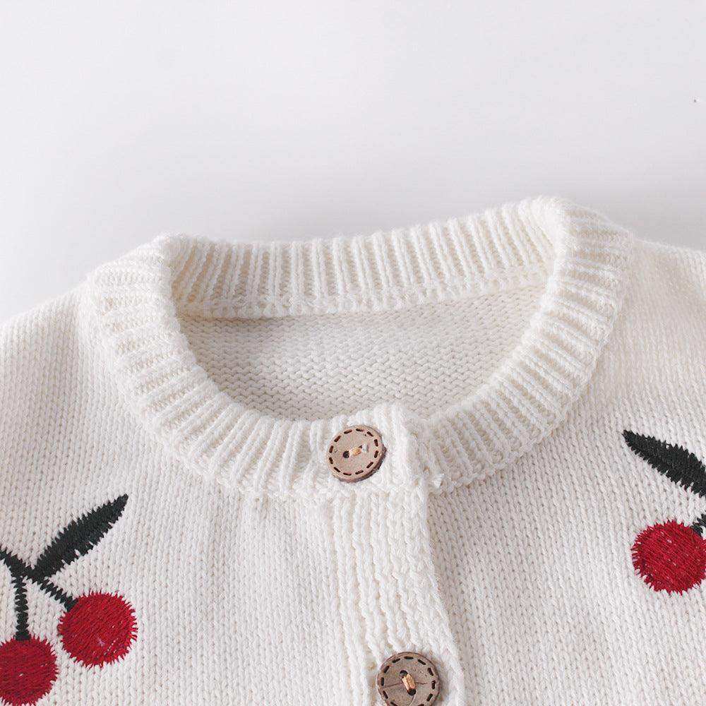 Baby Girl 1pc Cherry Embroidered Graphic Crotch Knitted Bodysuit & Button Front Sweater Coat Sets - Skoutley Outdoors LLC