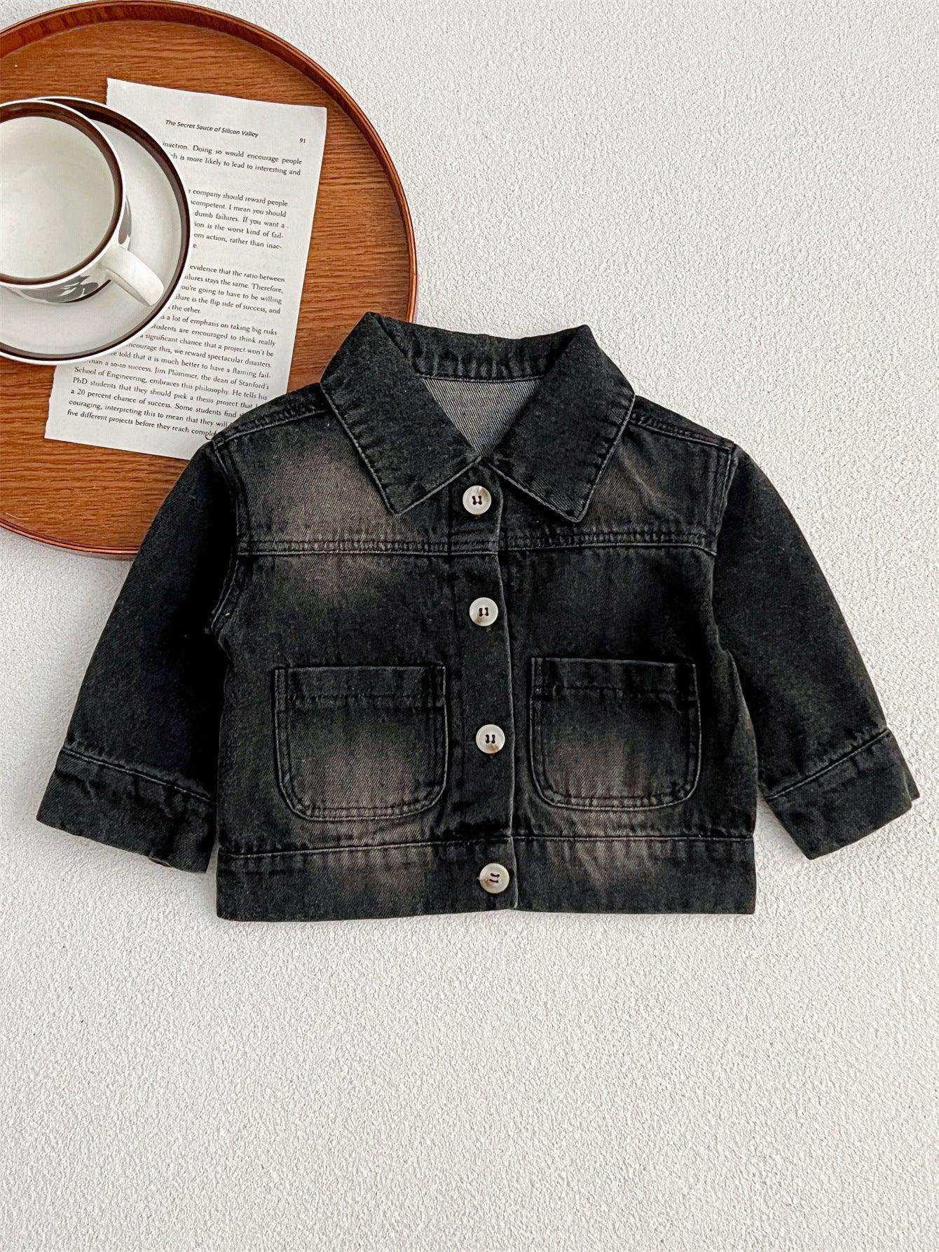 Baby Kids Button Front Design Washed Style Turndown Collar Denim Jacket Coat - Skoutley Outdoors LLC