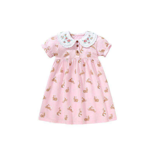 Baby Girls Peter Pan Floral Collar Short Sleeves Rabbits Pattern Dress - Skoutley Outdoors LLC