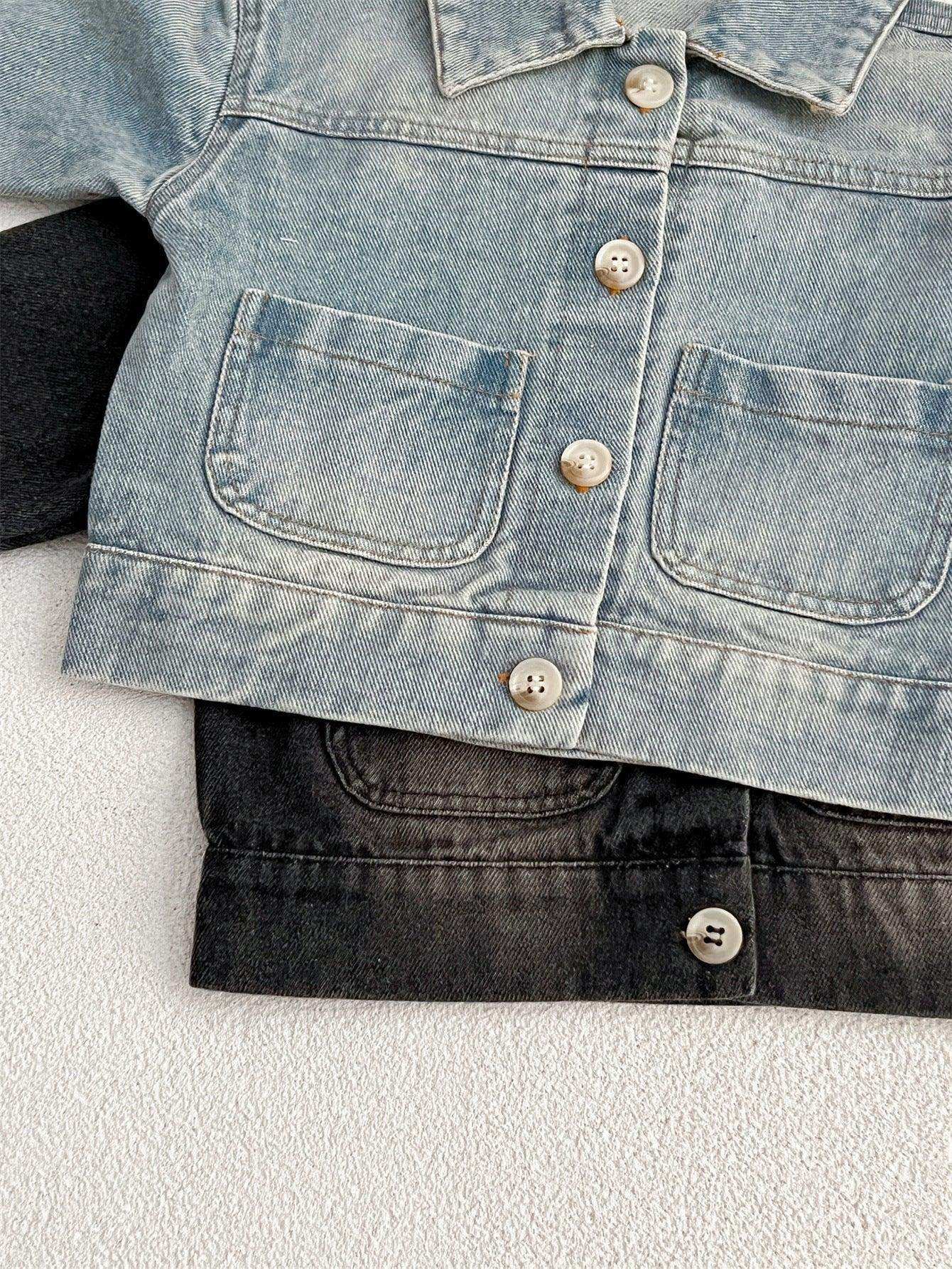 Baby Kids Button Front Design Washed Style Turndown Collar Denim Jacket Coat - Skoutley Outdoors LLC