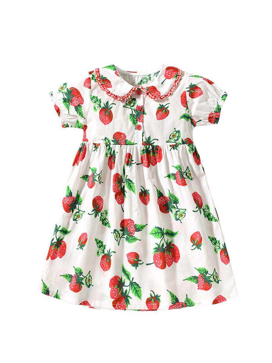 Summer Pure Cotton Strawberry Pattern Short-sleeved Dress with Peter Pan Collar for Stylish Girls - Skoutley Outdoors LLC