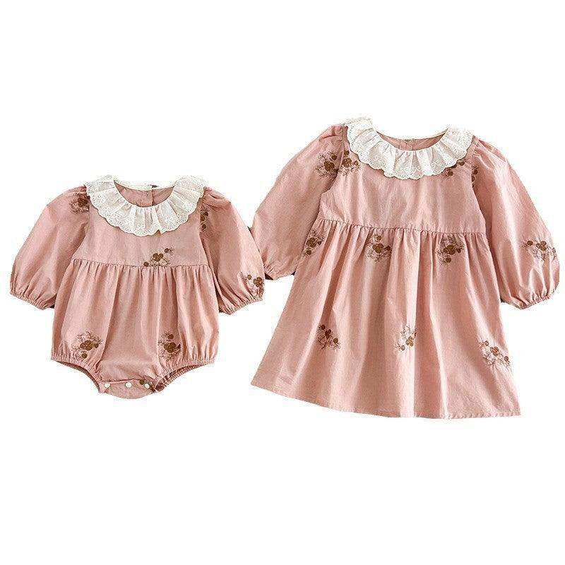 Spring Baby Girls Floral Embroidery Pattern Long-sleeved Onesies and Dress – Princess Sister Matching Set - Skoutley Outdoors LLC