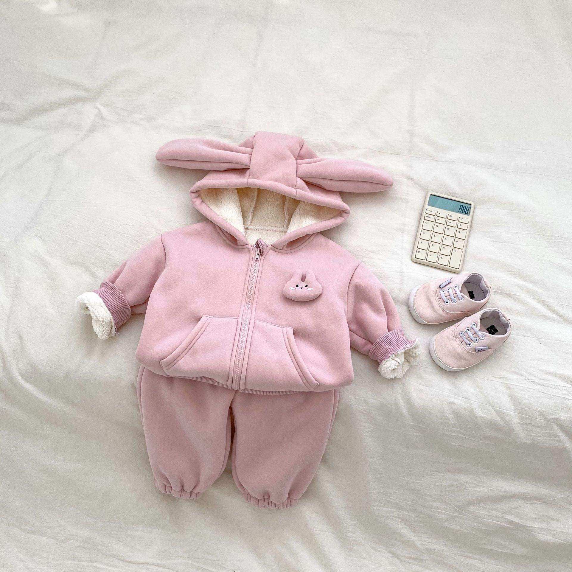 Winter Hot Selling Baby Girls Long Sleeves Simple Rabbit Attached Hooded Top Coat and Thick Trousers Set - Skoutley Outdoors LLC