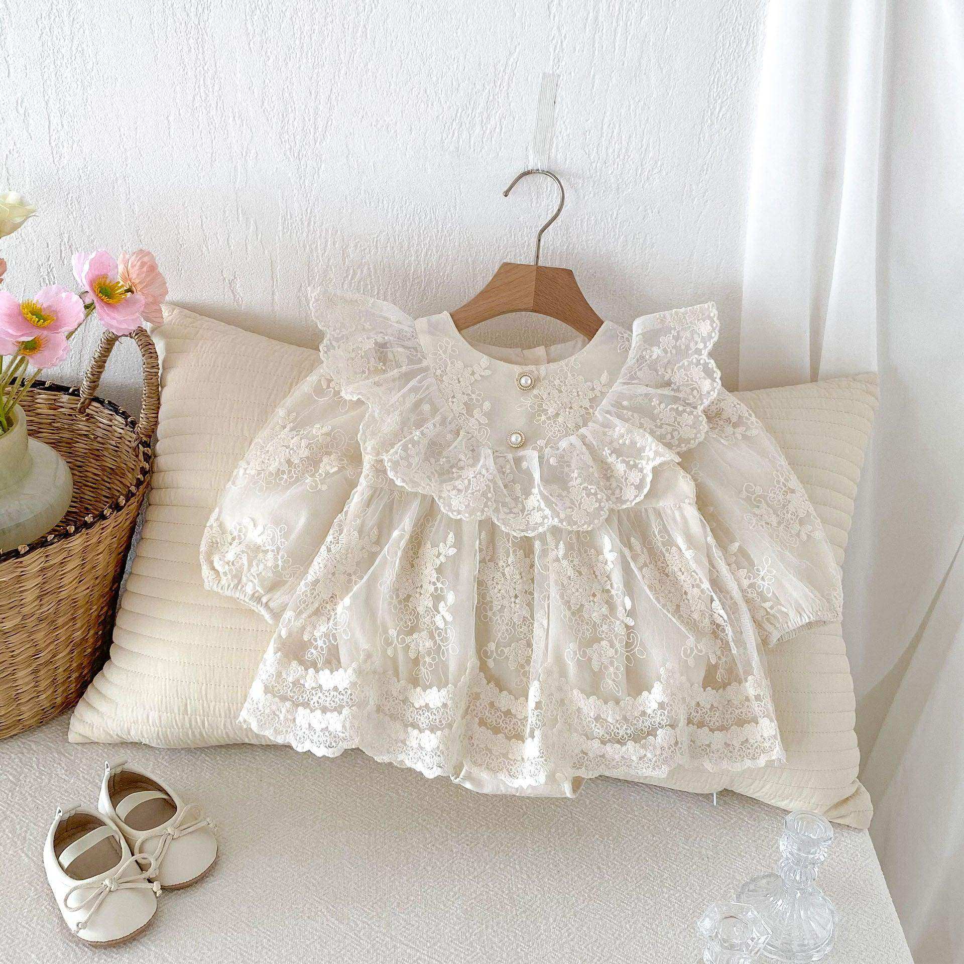 Autumn New Arrival Baby Girls Long Sleeves Floral Embroidery Tulle Onesies Dress with Ruffle Design - Skoutley Outdoors LLC