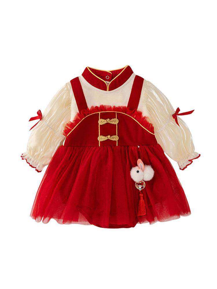 Autumn New Tulle Dress Design Baby Girls Color Patchwork Long Sleeves Onesies with Stand Collar and Butterfly Bows - Skoutley Outdoors LLC