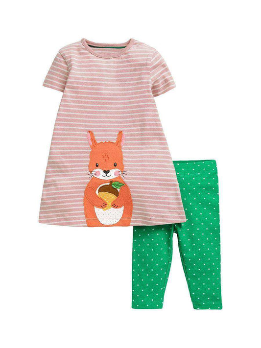 Summer Baby Kids Girls Squirrel Pattern Striped Dress And White Dots Pants Clothing Set - Skoutley Outdoors LLC