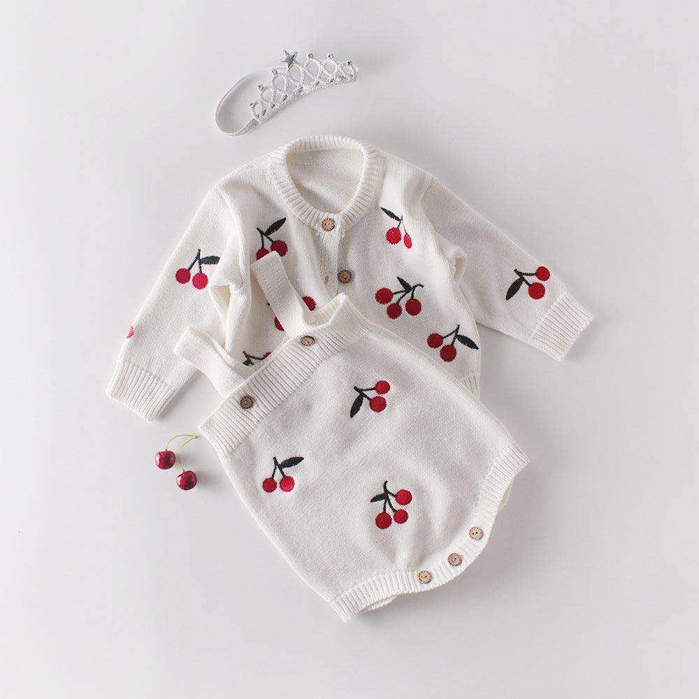 Baby Girl 1pc Cherry Embroidered Graphic Crotch Knitted Bodysuit & Button Front Sweater Coat Sets - Skoutley Outdoors LLC