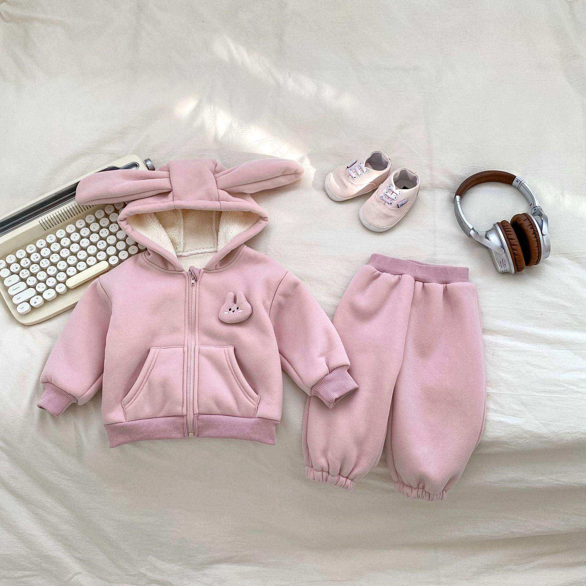 Winter Hot Selling Baby Girls Long Sleeves Simple Rabbit Attached Hooded Top Coat and Thick Trousers Set - Skoutley Outdoors LLC