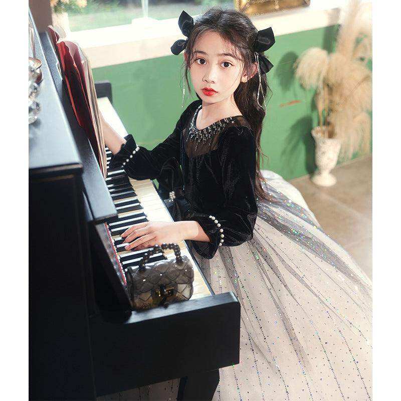 Princess Black Bow Birthday Dress For Girls: Luxurious Long-Sleeved Piano Performance Attire , Perfect For Spring Celebrations - Skoutley Outdoors LLC