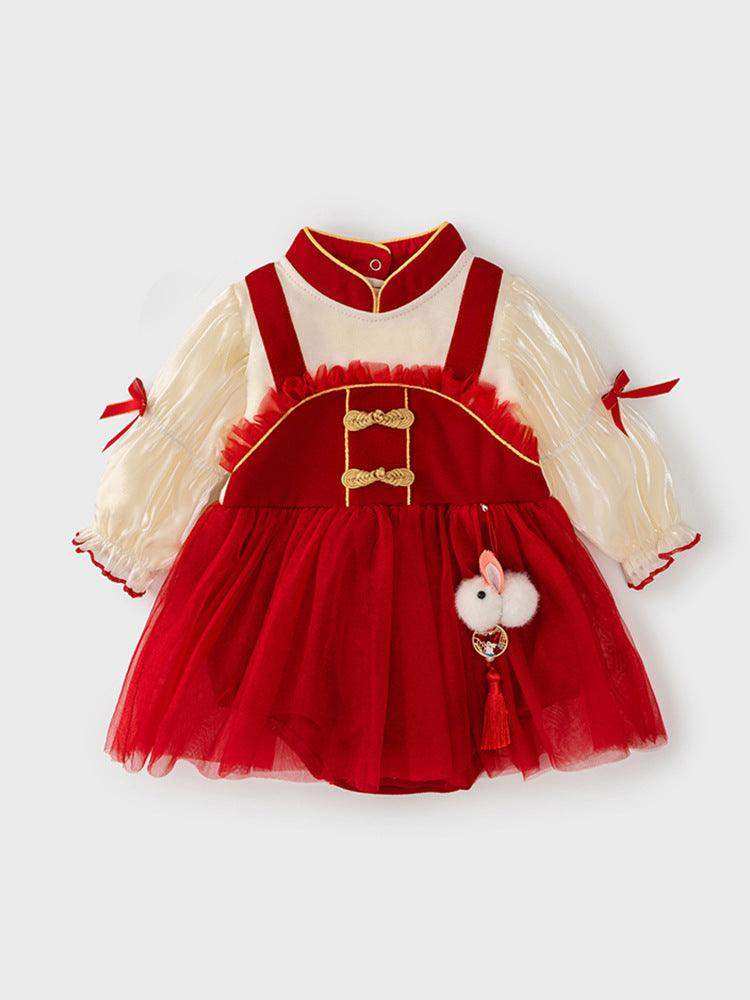 Autumn New Tulle Dress Design Baby Girls Color Patchwork Long Sleeves Onesies with Stand Collar and Butterfly Bows - Skoutley Outdoors LLC