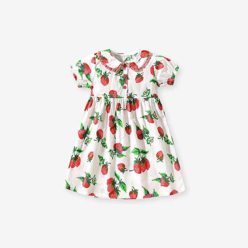 Summer Pure Cotton Strawberry Pattern Short-sleeved Dress with Peter Pan Collar for Stylish Girls - Skoutley Outdoors LLC