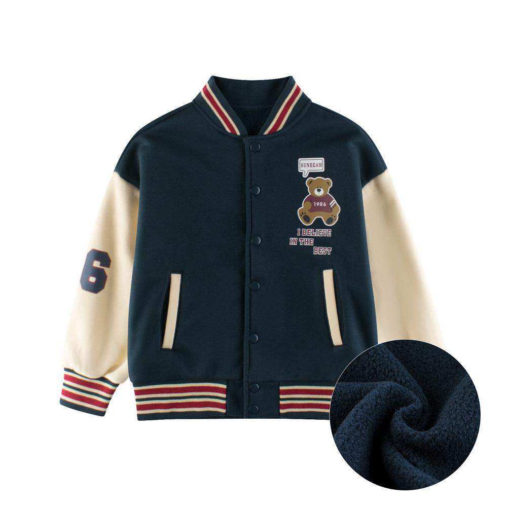 Boys and Girls Teddy Bear and Letters Printed Contrast Design Color Patchwork Single Breasted Striped Baseball Coat - Skoutley Outdoors LLC