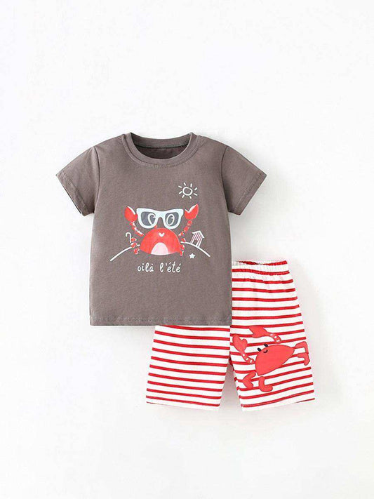 Summer Baby Kids Girls Crab Cartoon Pattern Short Sleeves T-Shirt And Striped Shorts Casual Clothing Set - Skoutley Outdoors LLC