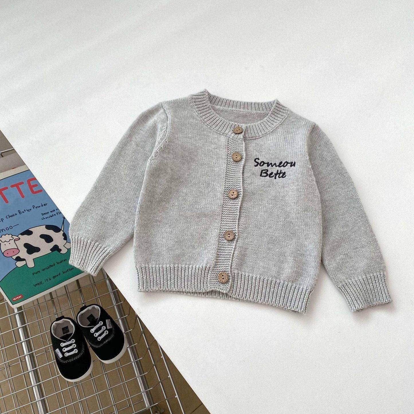 Autumn Baby Kids Boys Letters Embroidery Pattern Knitted Crew Neck Cardigan (Solo), Denim Pants and Striped Shirts - Skoutley Outdoors LLC