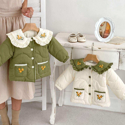 Winter New Arrival Baby Kids Girls Flowers Embroidery Single Breasted Thick Coat - Skoutley Outdoors LLC