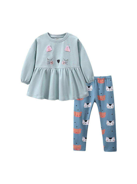 Spring And Autumn Girls Cartoon Cats Pattern Long Sleeves Crew Neck Top Dress And Pants Clothing Set - Skoutley Outdoors LLC