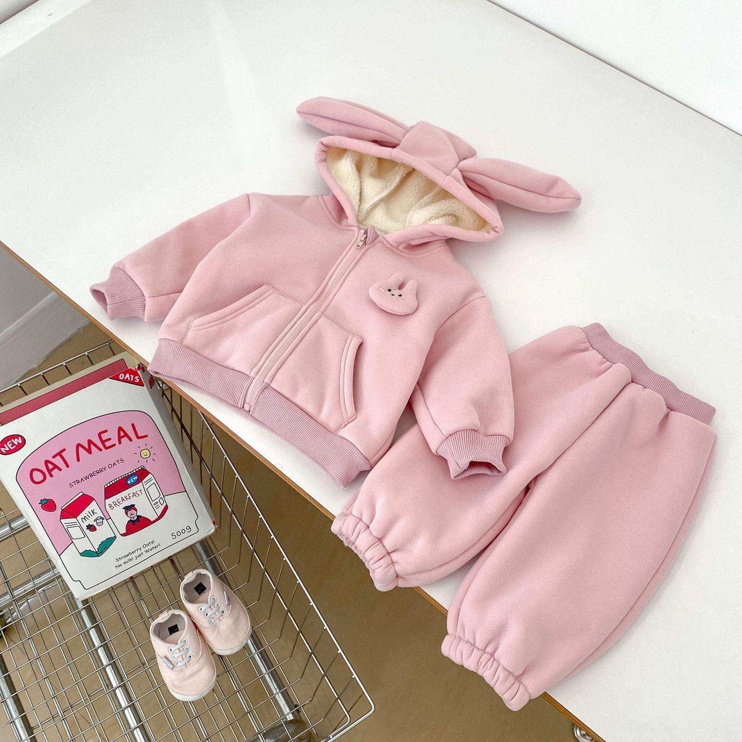 Winter Hot Selling Baby Girls Long Sleeves Simple Rabbit Attached Hooded Top Coat and Thick Trousers Set - Skoutley Outdoors LLC