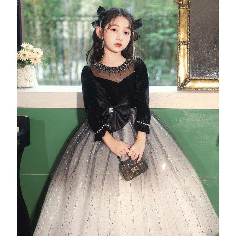 Princess Black Bow Birthday Dress For Girls: Luxurious Long-Sleeved Piano Performance Attire , Perfect For Spring Celebrations - Skoutley Outdoors LLC