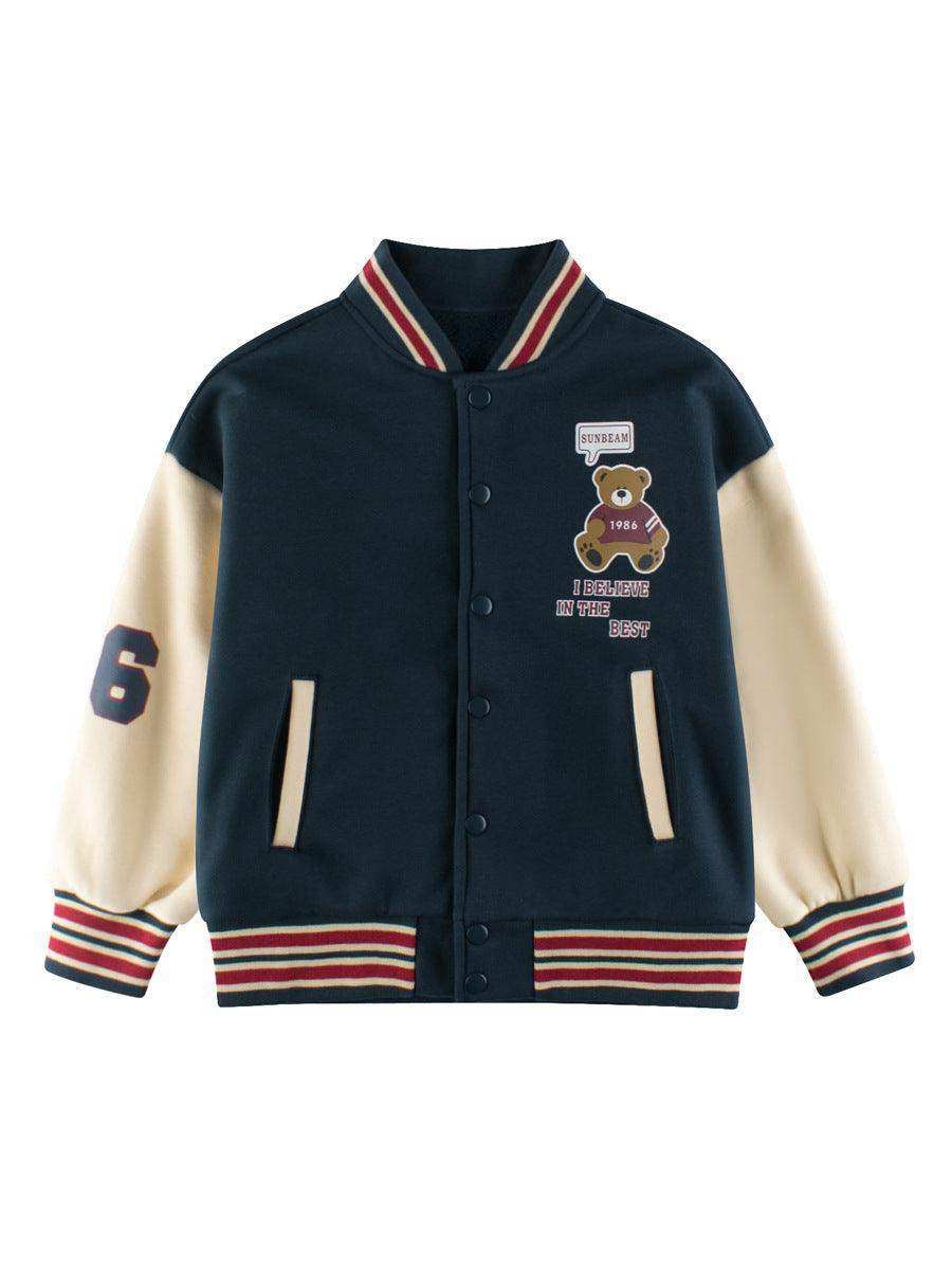 Boys and Girls Teddy Bear and Letters Printed Contrast Design Color Patchwork Single Breasted Striped Baseball Coat - Skoutley Outdoors LLC