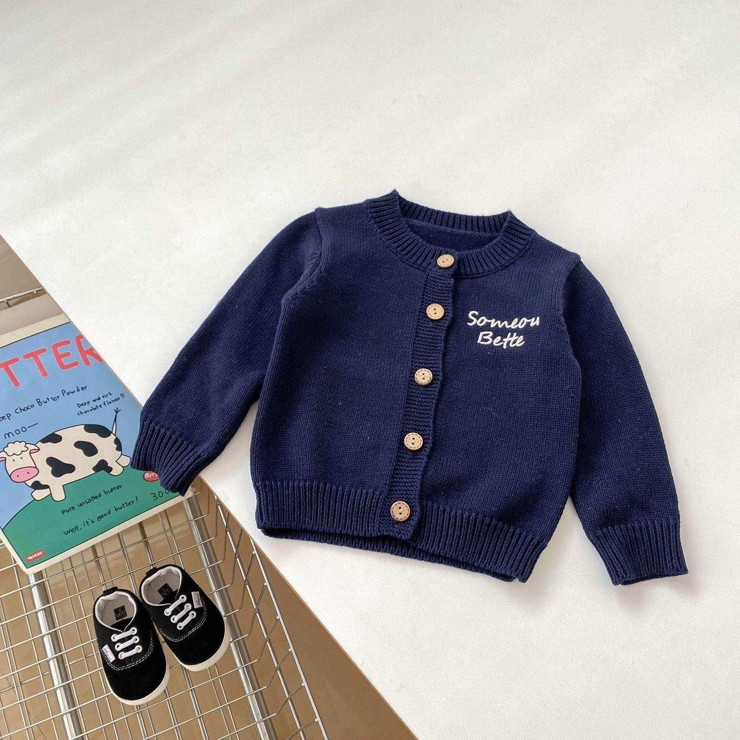 Autumn Baby Kids Boys Letters Embroidery Pattern Knitted Crew Neck Cardigan (Solo), Denim Pants and Striped Shirts - Skoutley Outdoors LLC